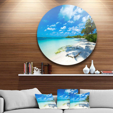 Tropical Beach with Palm Shadows - Sea & Shore Round Metal Wall Art